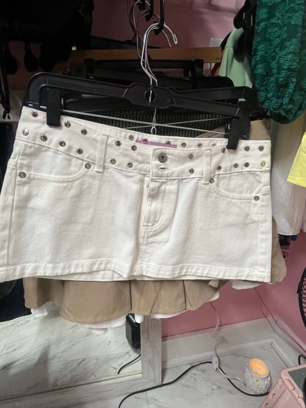 Vintage White Studded Denim Mini Skirt